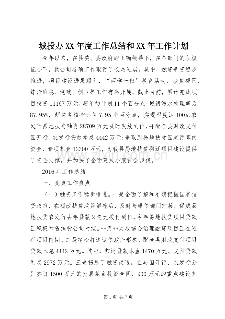 城投办XX年度工作总结和XX年工作计划 .docx_第1页