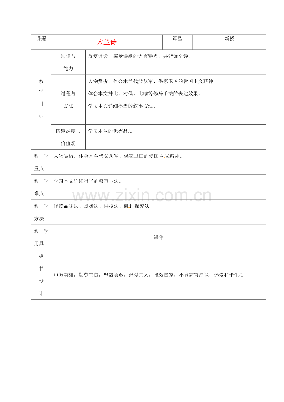 山东省烟台20中七年级语文《木兰诗》教案.doc_第1页