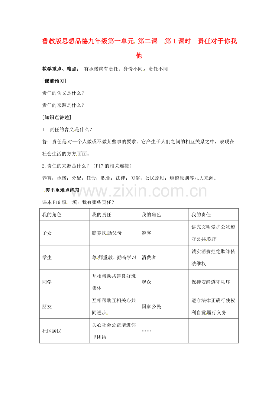 九年级政治 第一单元 第二课第1课时责任对于你我他 教案 鲁教版.doc_第1页