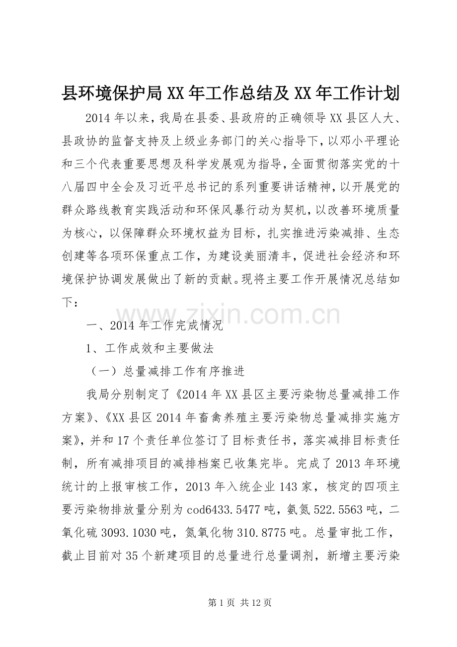 县环境保护局XX年工作总结及XX年工作计划.docx_第1页