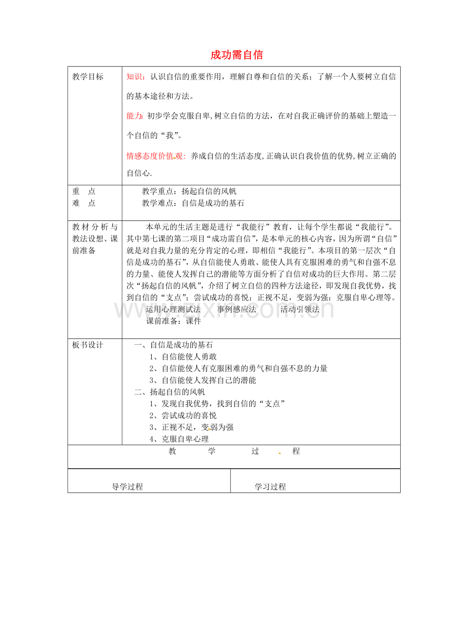 七年级政治上册《7.2 成功需自信》教案 鲁教版-鲁教版初中七年级上册政治教案.doc_第1页