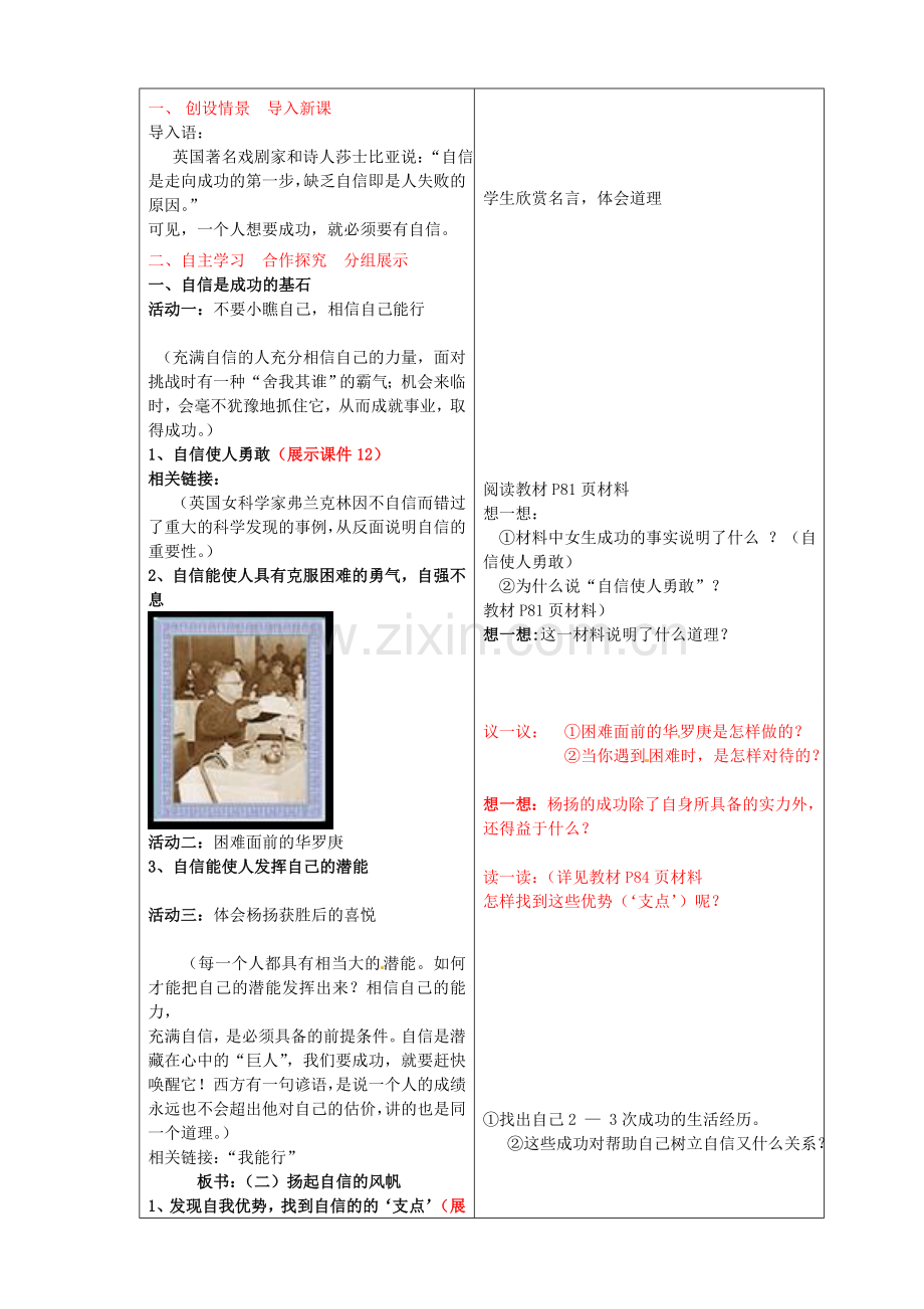 七年级政治上册《7.2 成功需自信》教案 鲁教版-鲁教版初中七年级上册政治教案.doc_第2页