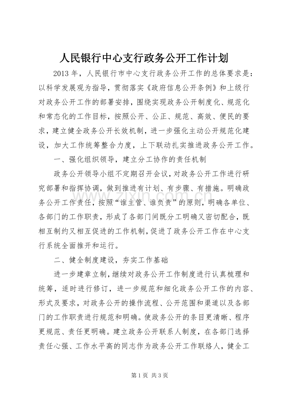 人民银行中心支行政务公开工作计划.docx_第1页