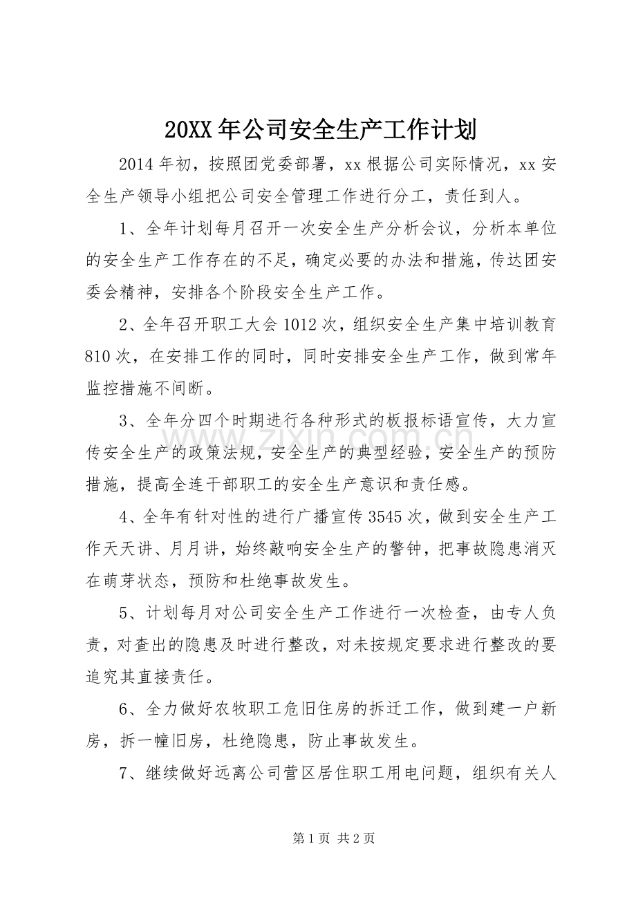 20XX年公司安全生产工作计划_1.docx_第1页