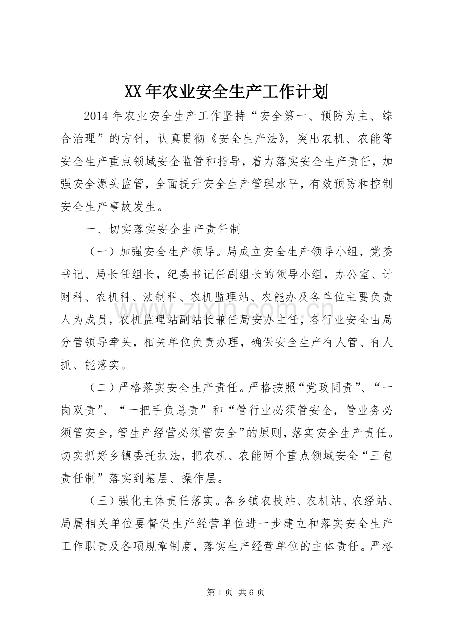 XX年农业安全生产工作计划.docx_第1页