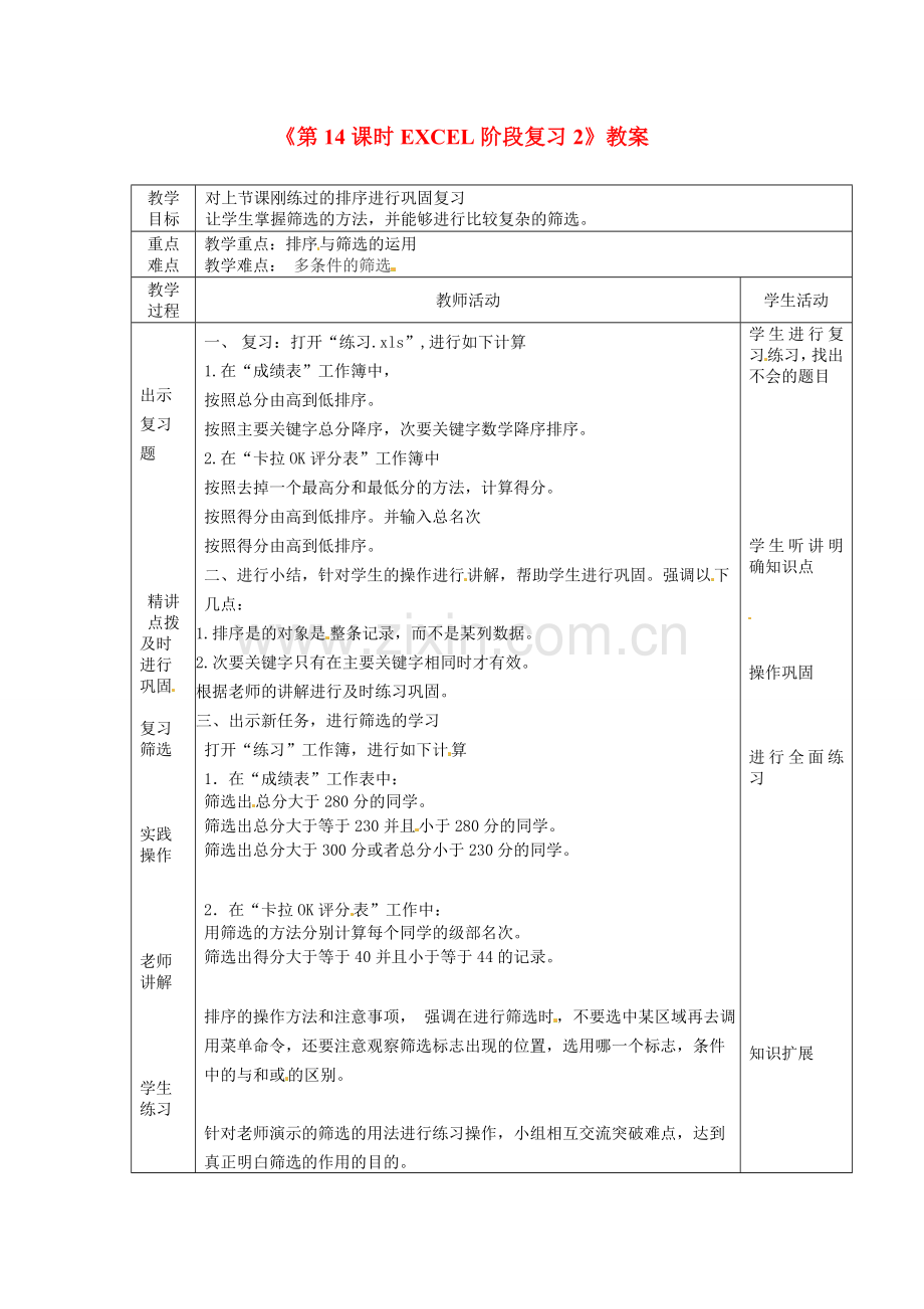 山东省滨州市邹平实验中学七年级信息技术《第14课时EXCEL阶段复习2》教案 人教新课标版.doc_第1页
