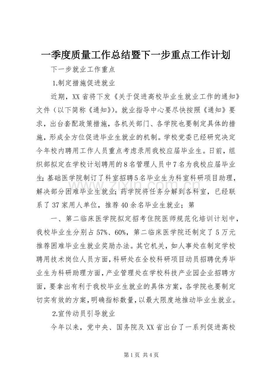 一季度质量工作总结暨下一步重点工作计划 .docx_第1页