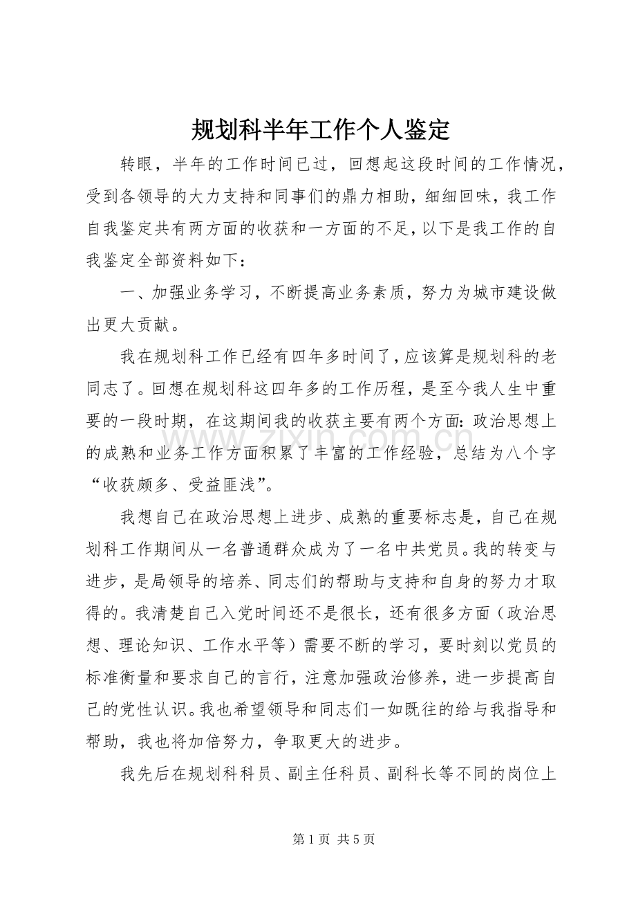 规划科半年工作个人鉴定 .docx_第1页