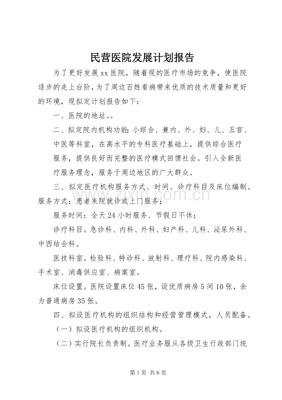 民营医院发展计划报告 .docx_第1页