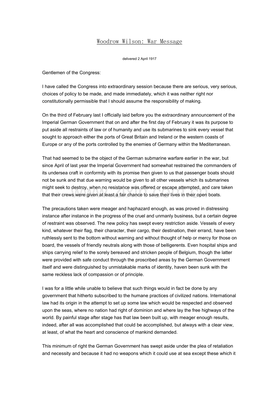 经典英文演讲100篇19-WarMessage.doc_第1页