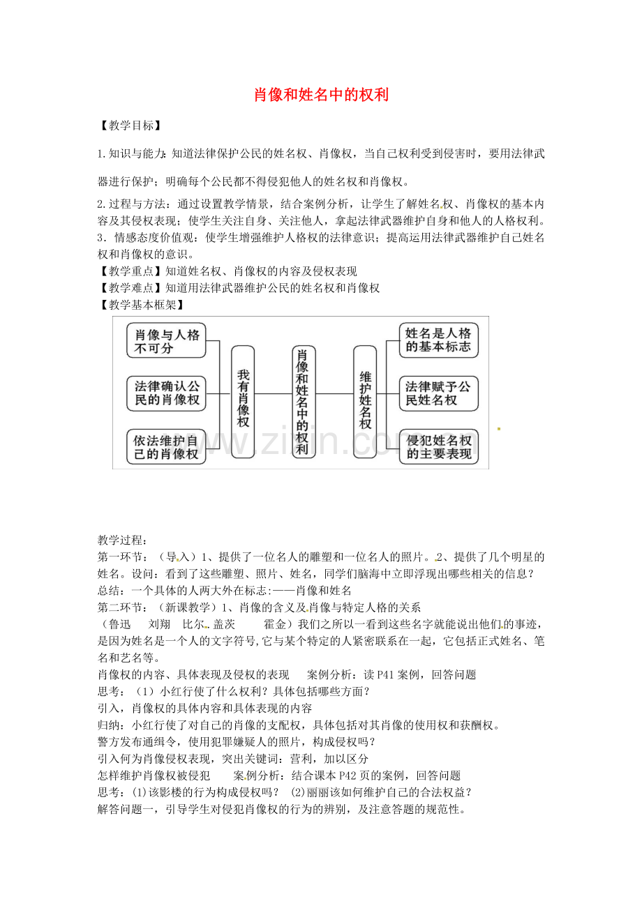 八年级政治下册 2.4.2 肖像和姓名中的权利教案 新人教版-新人教版初中八年级下册政治教案.doc_第1页