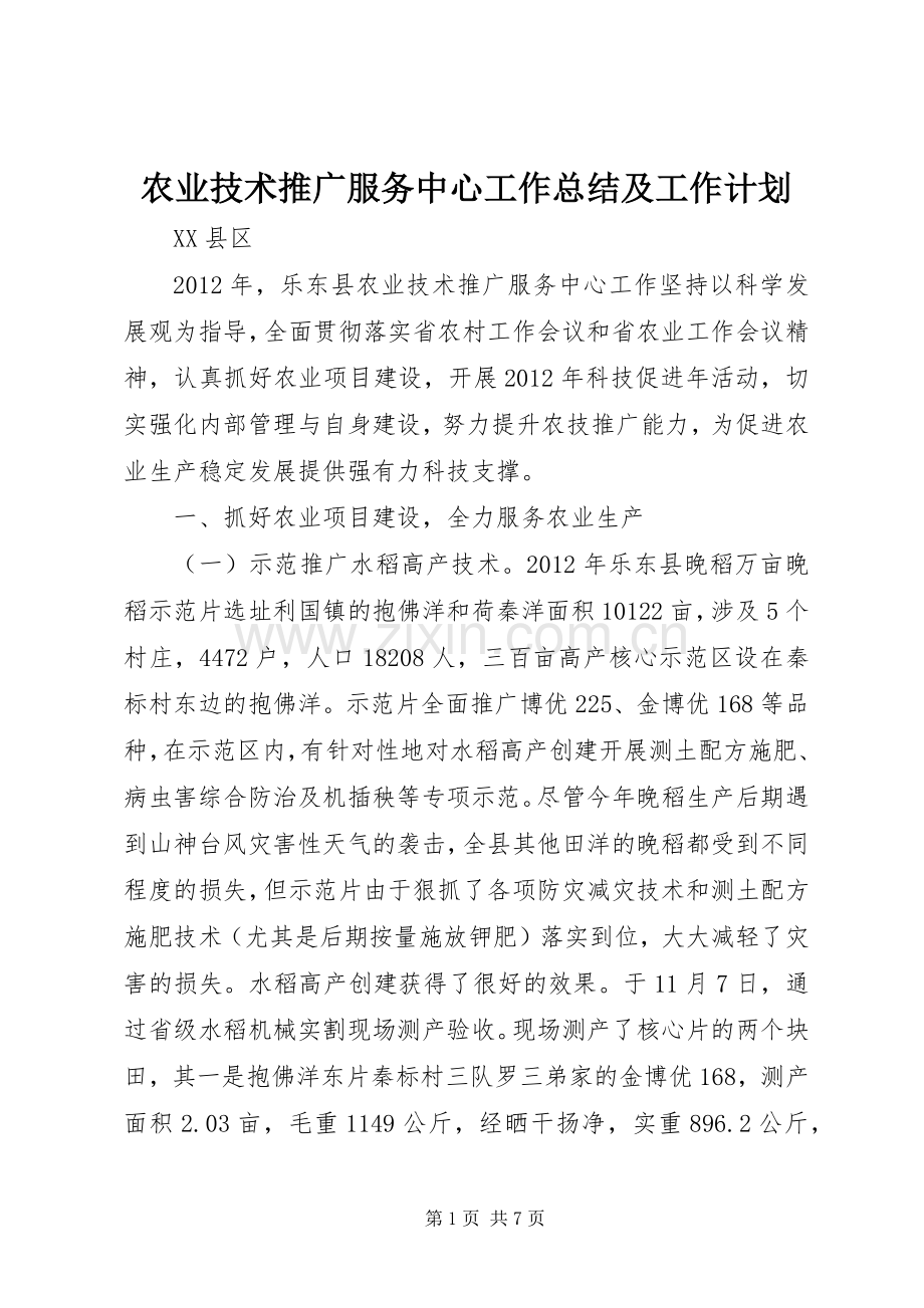 农业技术推广服务中心工作总结及工作计划.docx_第1页