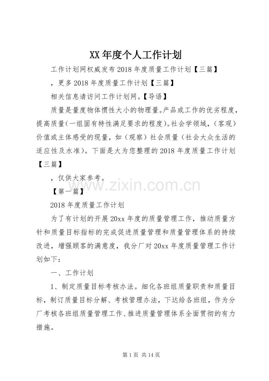 XX年度个人工作计划 .docx_第1页