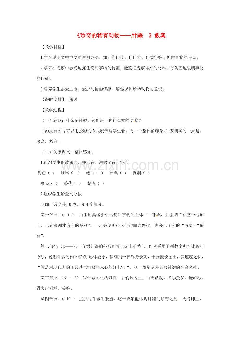 七年级语文下册第20课《珍奇的稀有动物--针鼹》教案语文版.doc_第1页