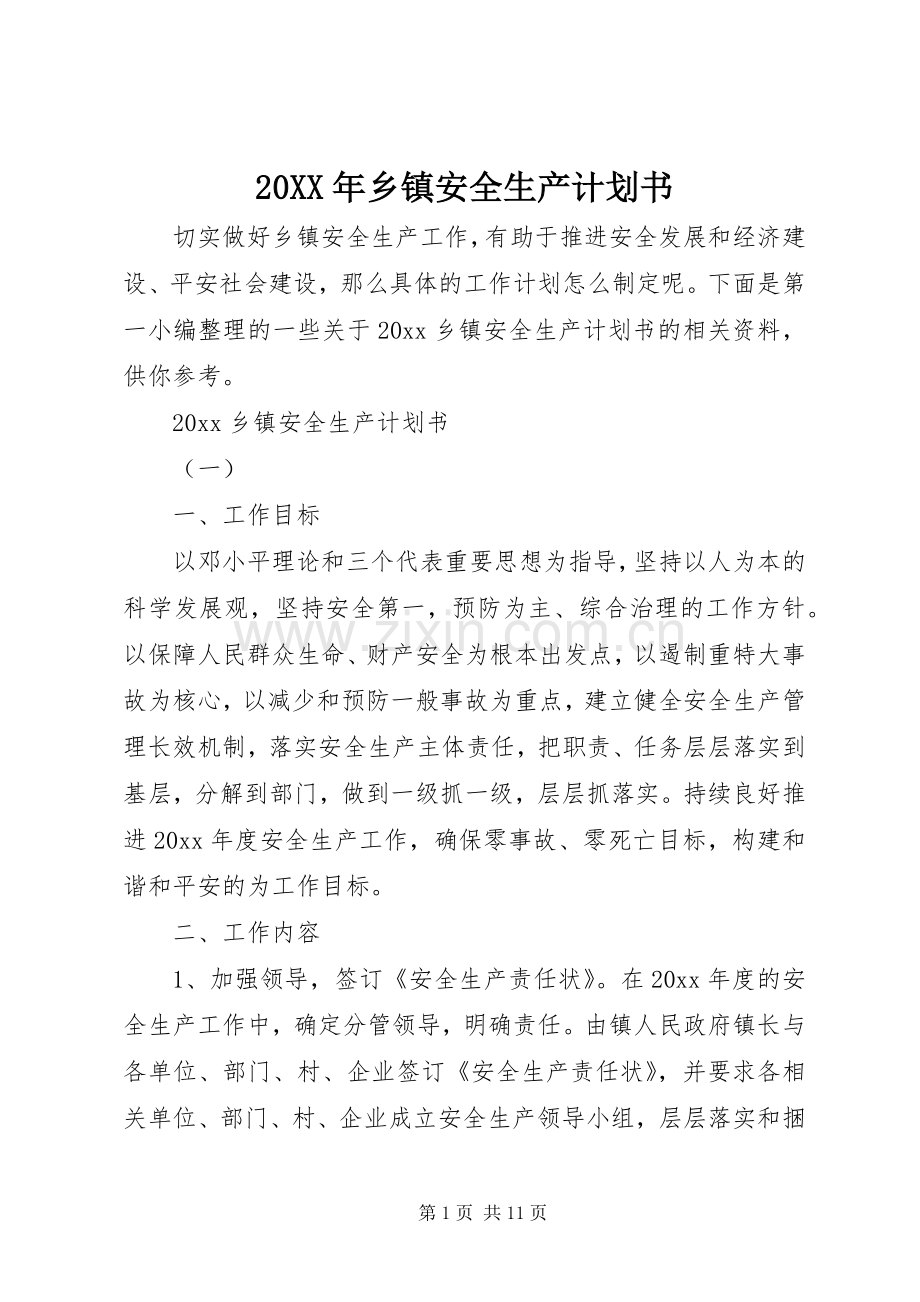 20XX年乡镇安全生产计划书.docx_第1页