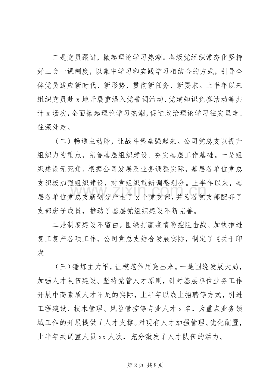 推动全面从严治党公司党总支XX年上半年党建工作总结及下半年计划.docx_第2页