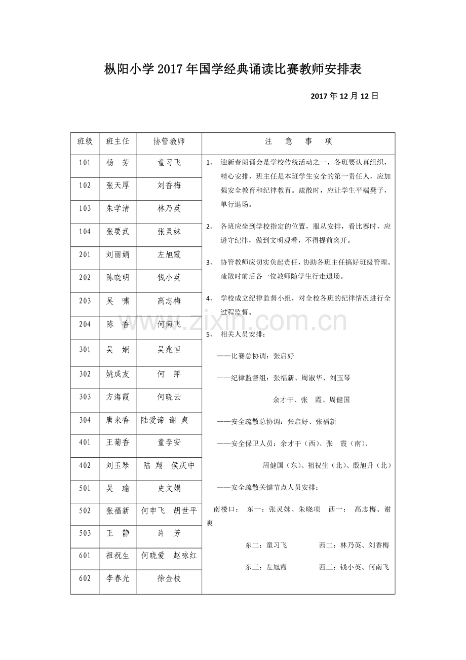 枞阳小学2017年国学经典诵读比赛教师安排表.docx_第1页
