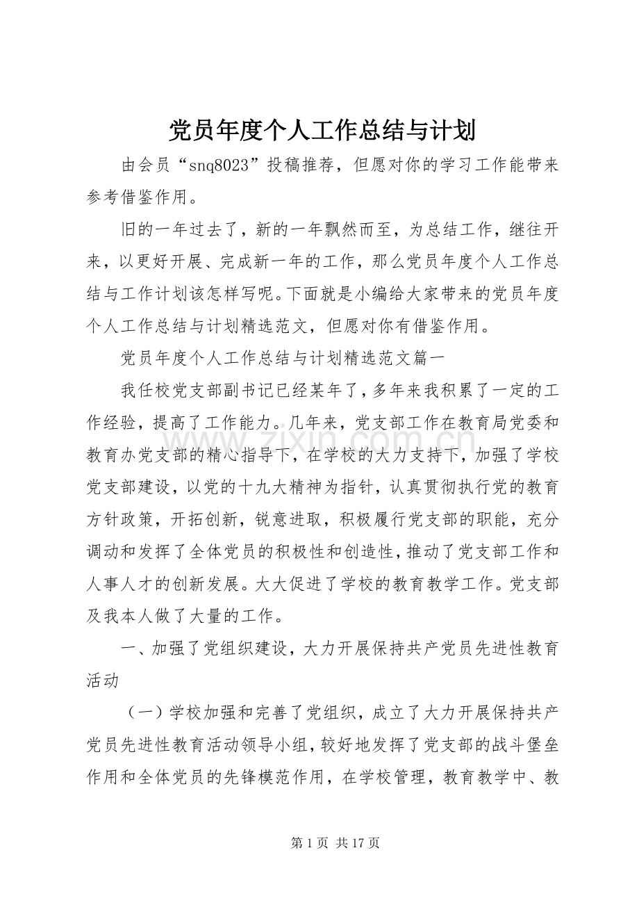 党员年度个人工作总结与计划.docx_第1页