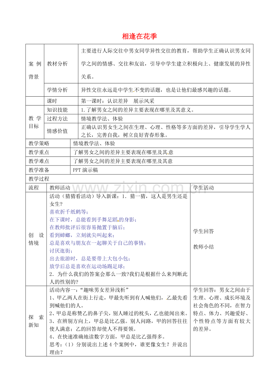 七年级政治上册 第八课 相逢在花季教案 苏教版-苏教版初中七年级上册政治教案.doc_第1页