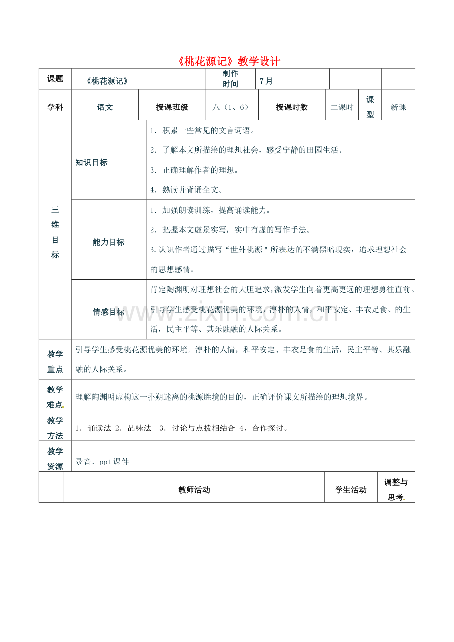 河南省洛阳六中八年级语文下册《桃花源记》教学设计 新人教版.doc_第1页