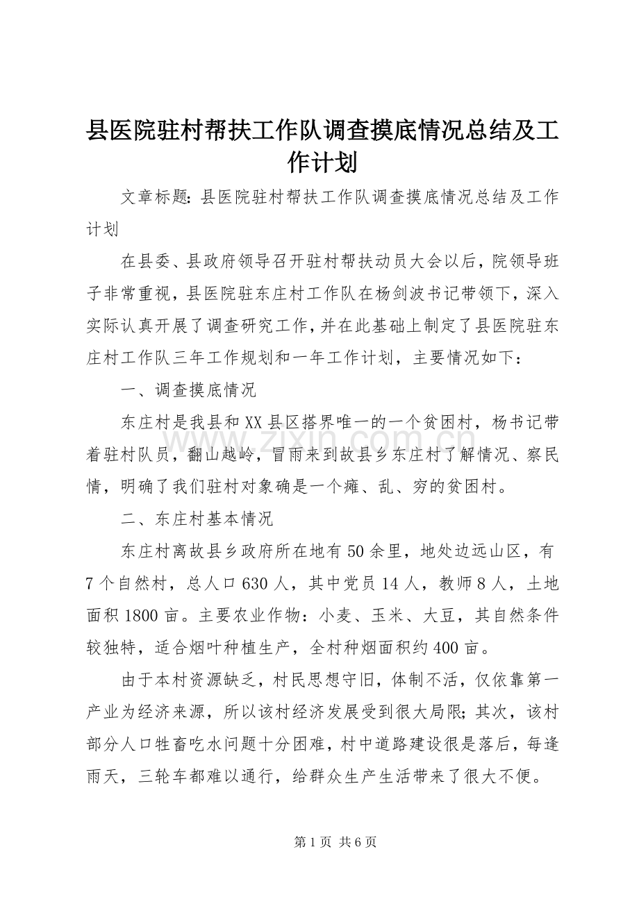 县医院驻村帮扶工作队调查摸底情况总结及工作计划.docx_第1页