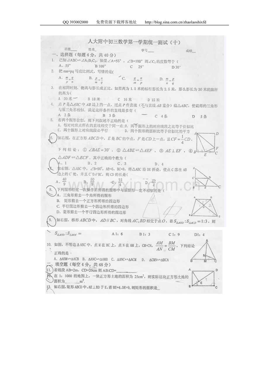 （十）相似人大附中初三第一学期数学统一测评.doc_第1页