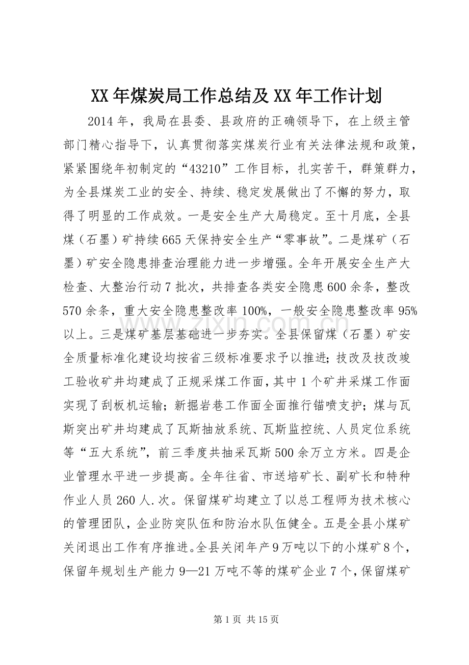 XX年煤炭局工作总结及XX年工作计划.docx_第1页