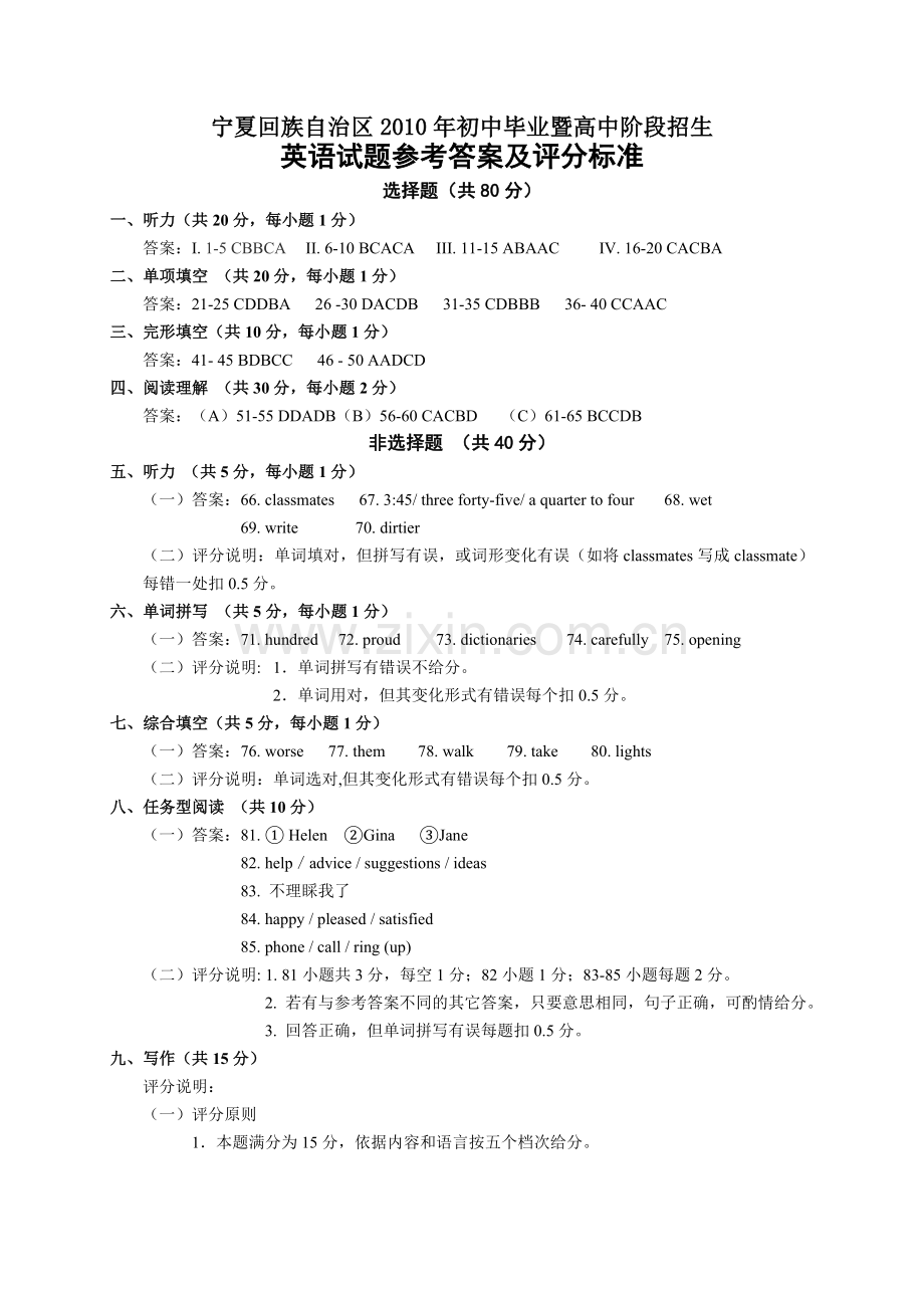 宁夏回族自治区2010年初中毕业暨高中阶段招生-英语答案.doc_第1页