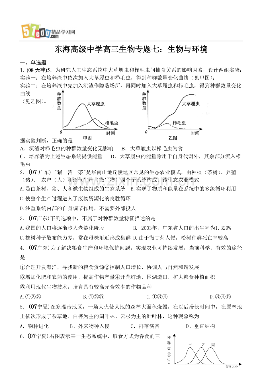 东海高级中学高三生物专题七：生物与环境.doc_第1页