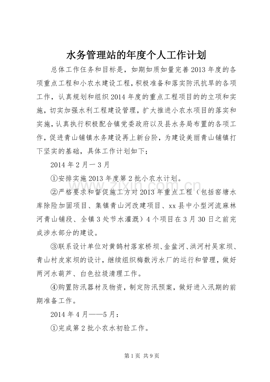 水务管理站的年度个人工作计划.docx_第1页