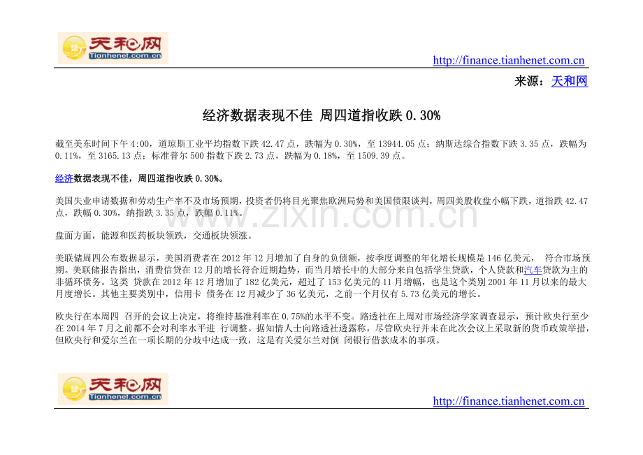 经济数据表现不佳周四道指收跌0.30%.doc_第1页