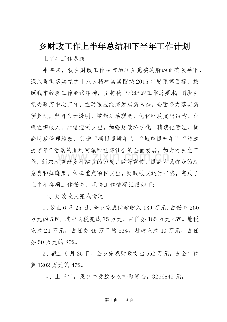 乡财政工作上半年总结和下半年工作计划.docx_第1页