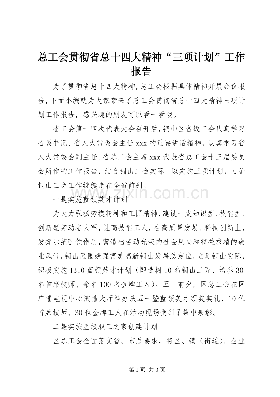 总工会贯彻省总十四大精神“三项计划”工作报告.docx_第1页