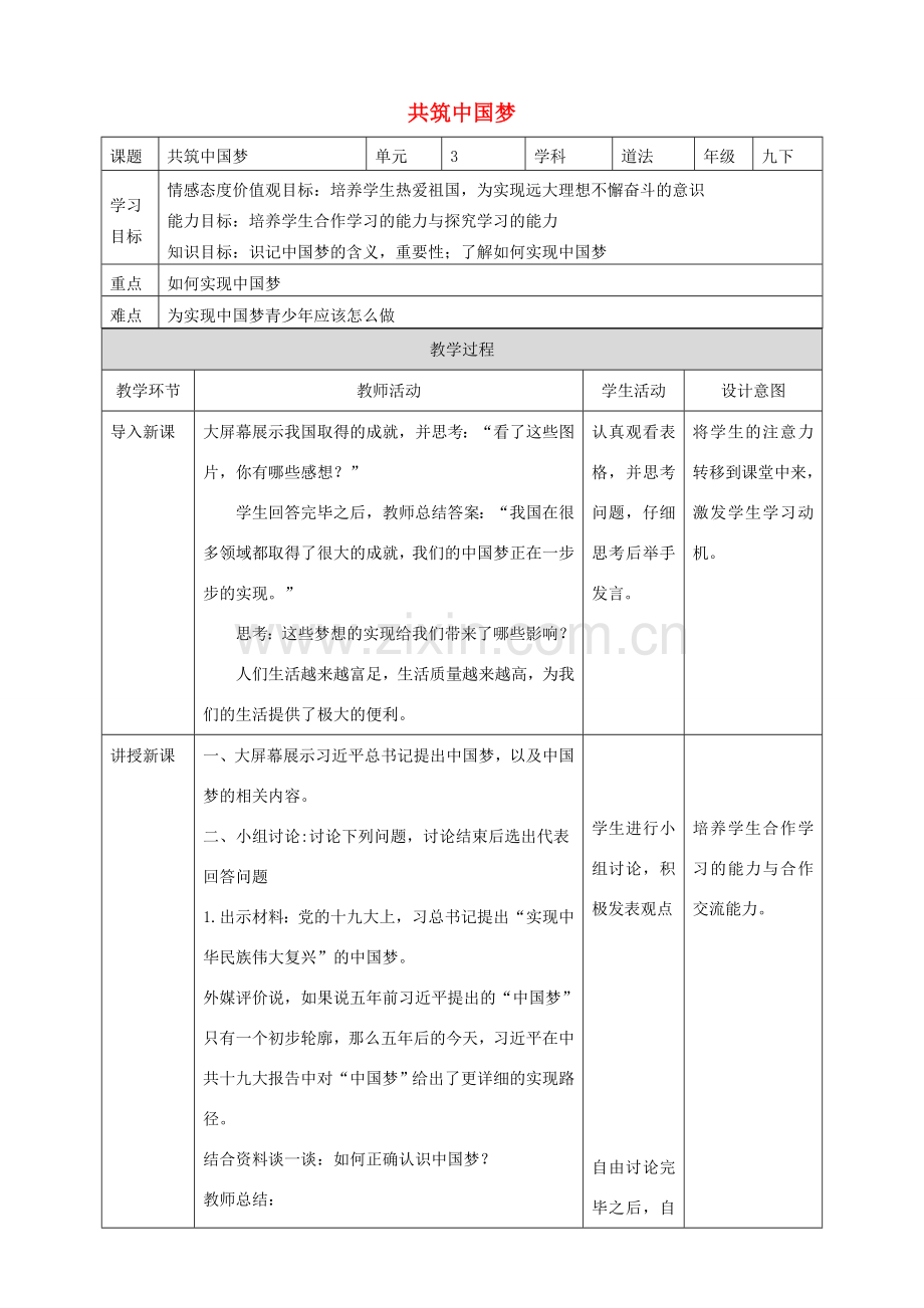 九年级道德与法治下册 第3单元 放飞美好梦想 第6课 我们的中国梦 第1框 共筑中国梦教案 北师大版-北师大版初中九年级下册政治教案.doc_第1页