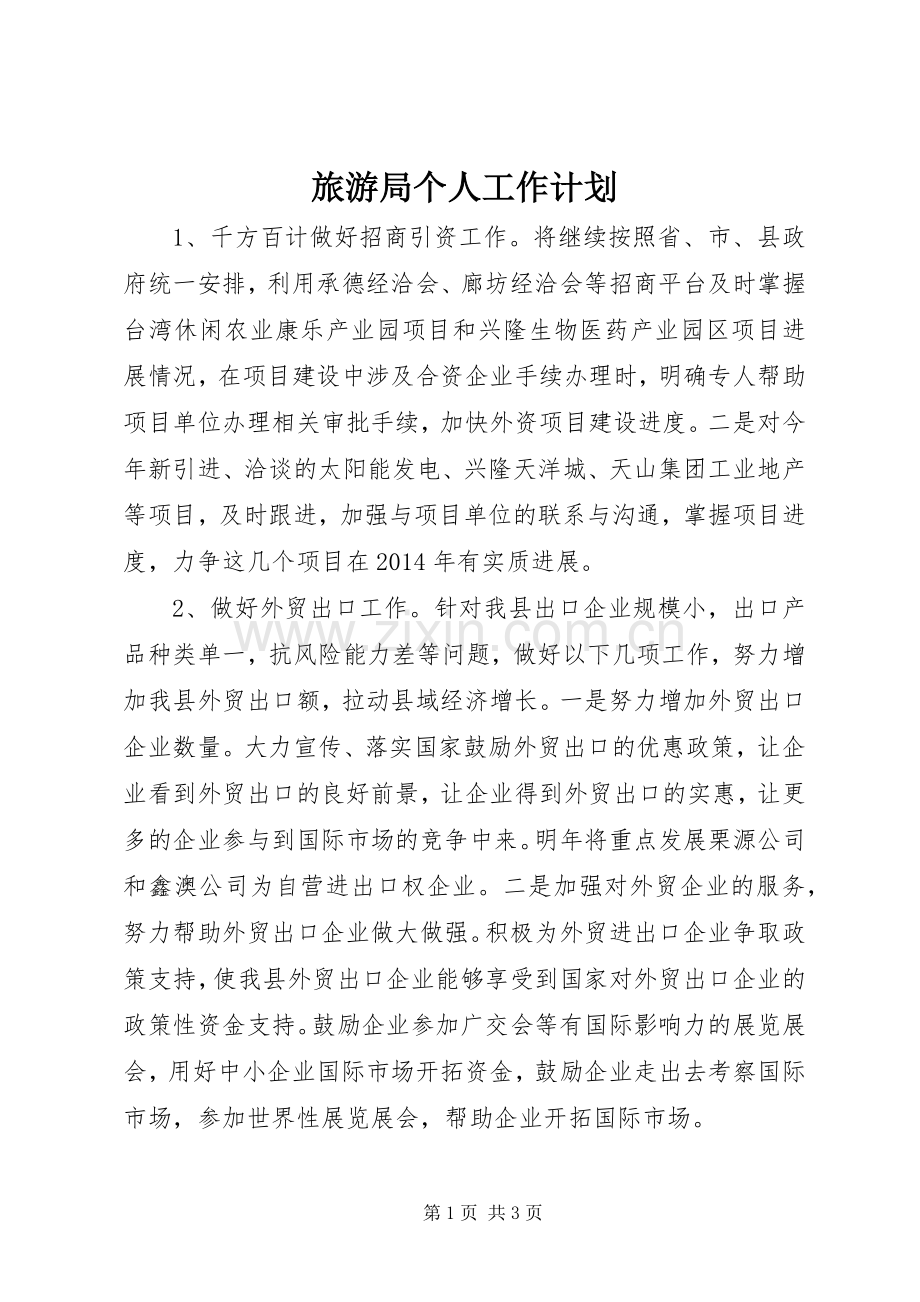 旅游局个人工作计划.docx_第1页