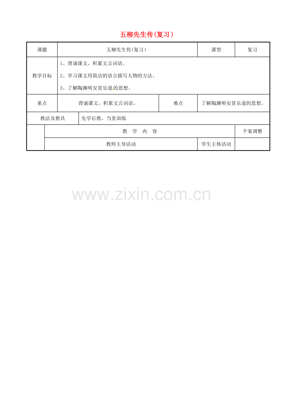 八年级语文下册 22《五柳先生传》复习教案 （新版）新人教版-（新版）新人教版初中八年级下册语文教案.doc_第1页