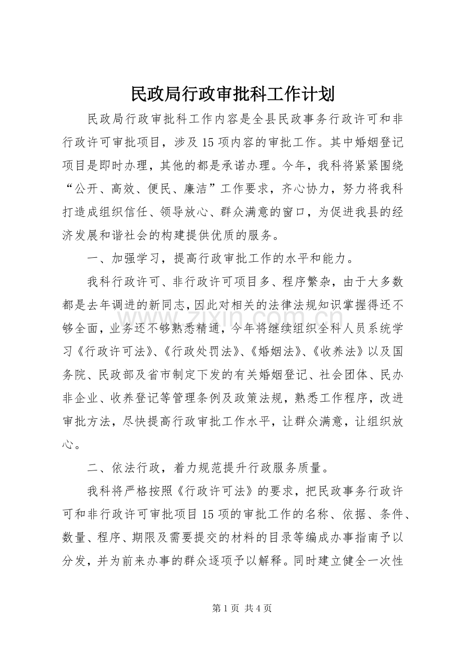 民政局行政审批科工作计划.docx_第1页