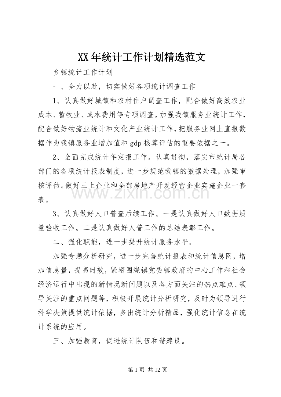 XX年统计工作计划范文.docx_第1页