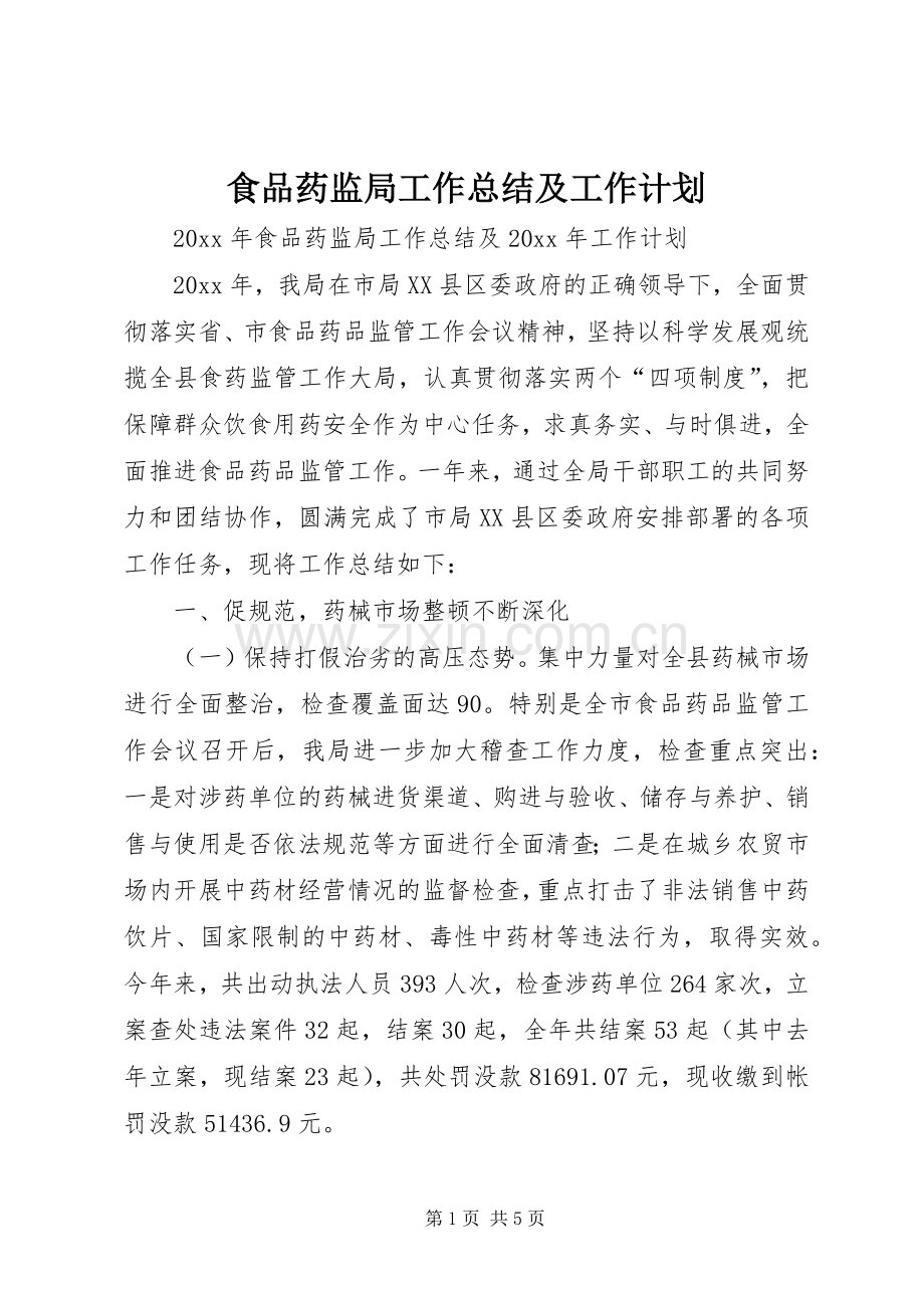 食品药监局工作总结及工作计划.docx_第1页