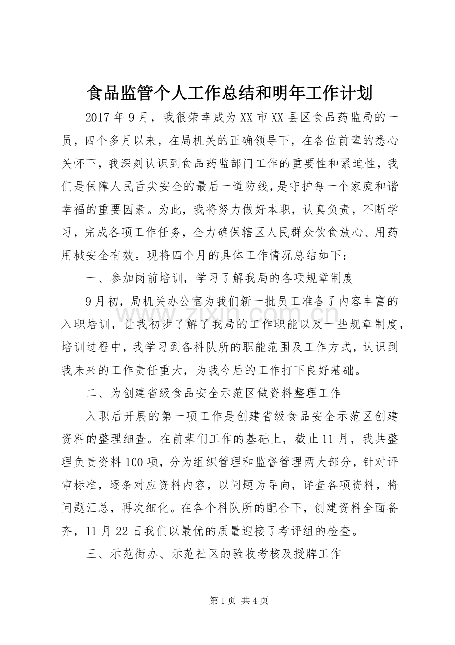 食品监管个人工作总结和明年工作计划.docx_第1页