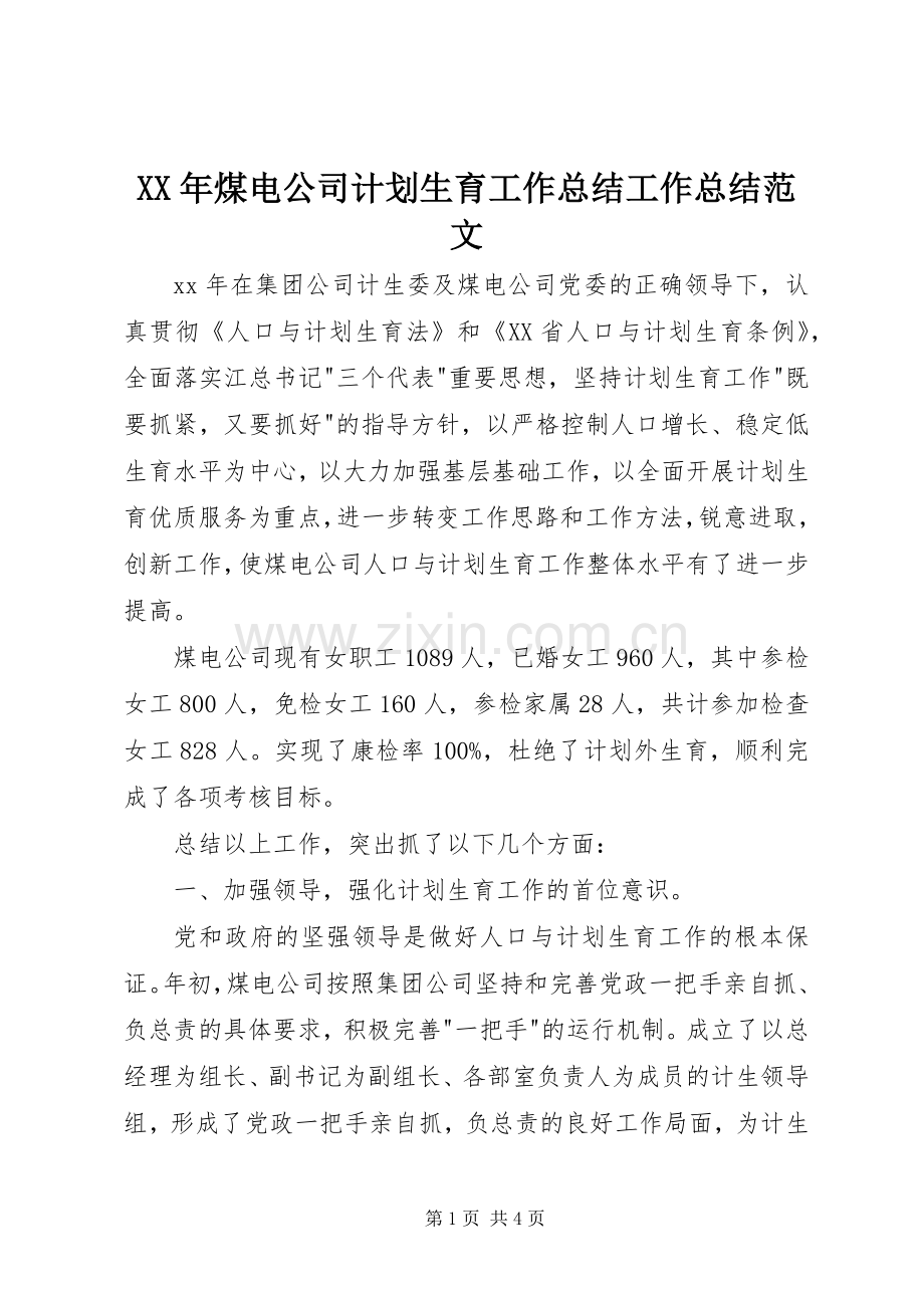 XX年煤电公司计划生育工作总结工作总结范文.docx_第1页