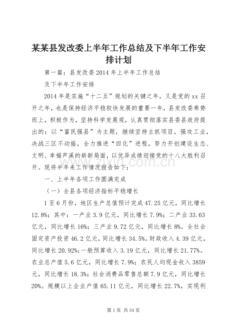 某某县发改委上半年工作总结及下半年工作安排计划.docx_第1页
