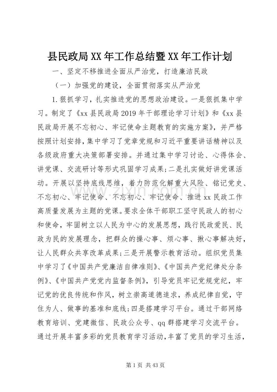 县民政局XX年工作总结暨XX年工作计划 .docx_第1页