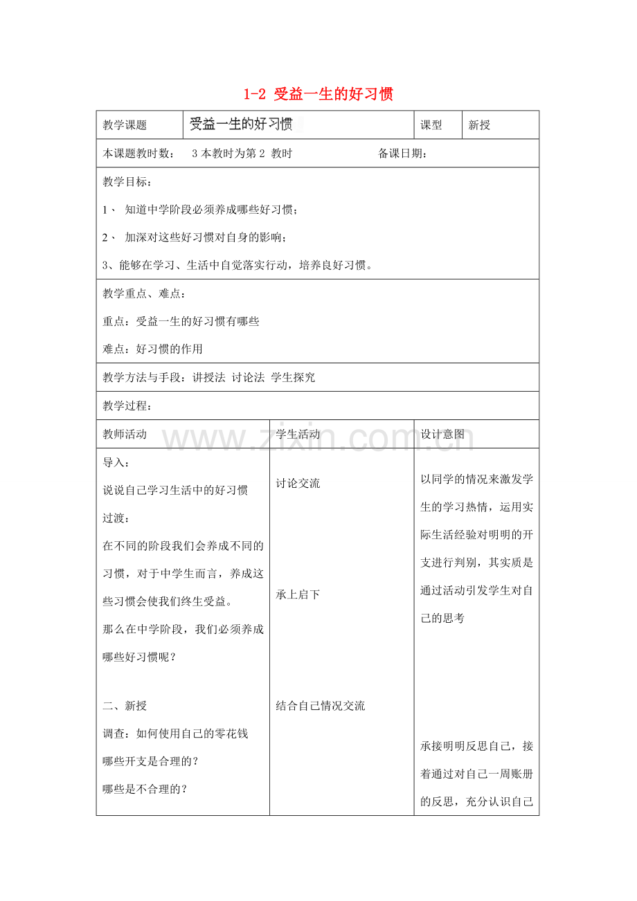 江苏省昆山市锦溪中学八年级政治上册 1-2 受益一生的好习惯教案 苏科版.doc_第1页