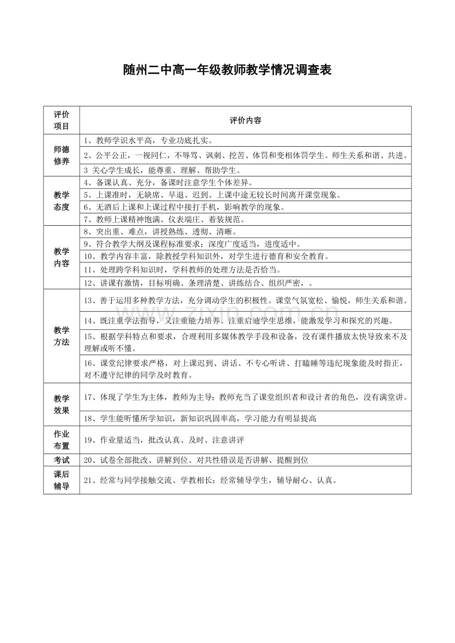 随州二中高一年级教师教学情况调查表.doc_第1页
