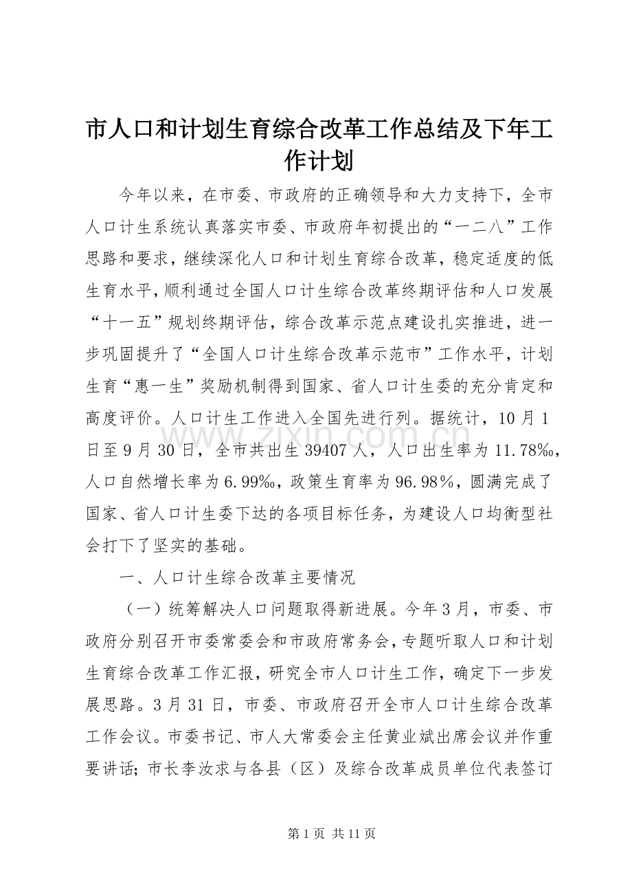 市人口和计划生育综合改革工作总结及下年工作计划.docx_第1页