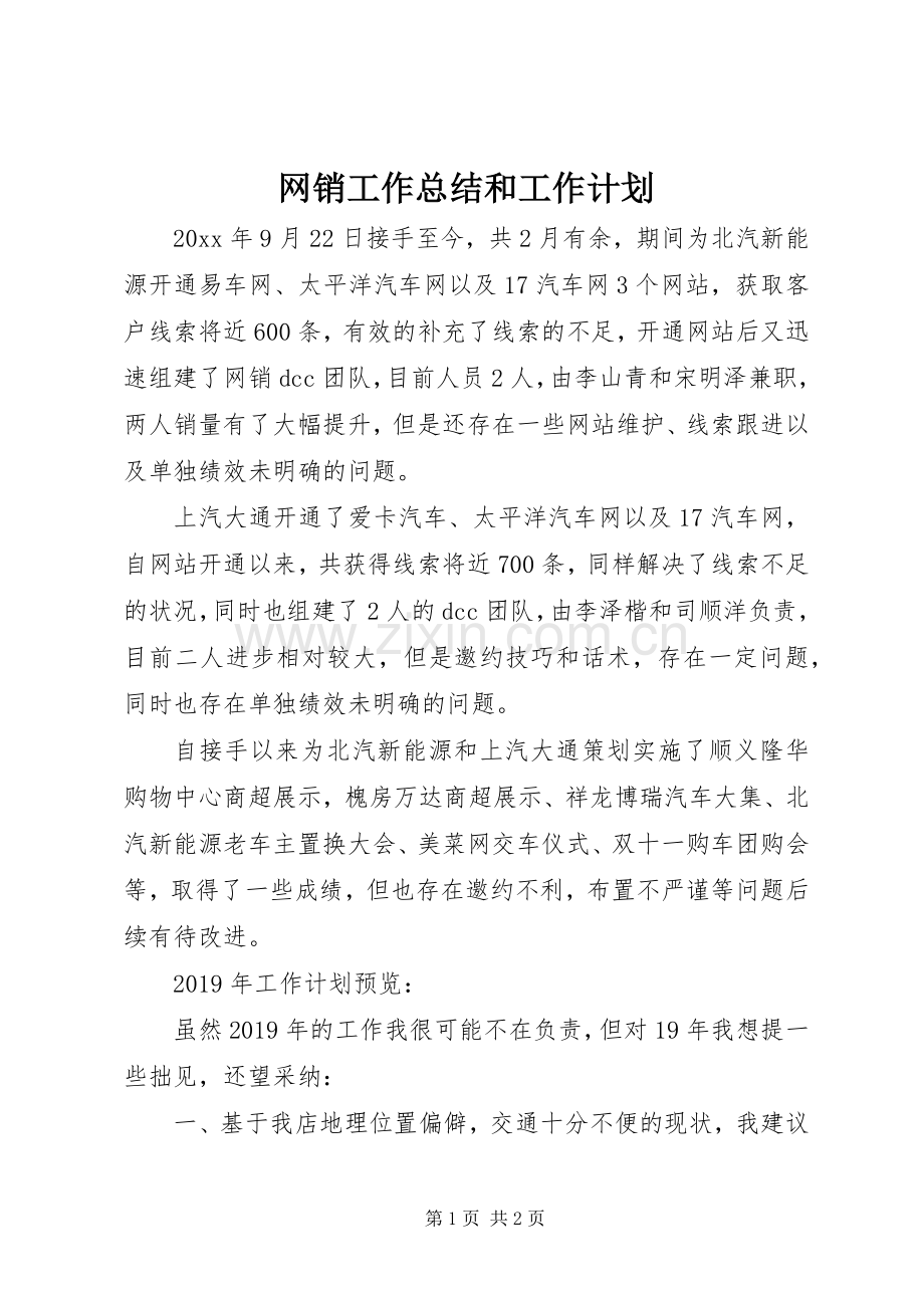 网销工作总结和工作计划.docx_第1页