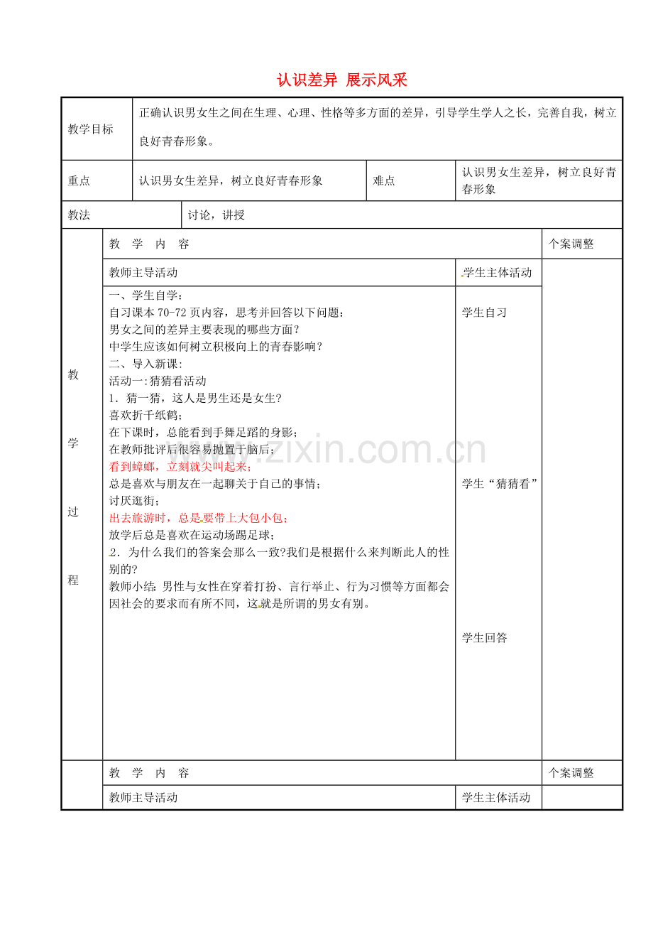 七年级政治上册 8.1 认识差异 展示风采教案1 苏教版-苏教版初中七年级上册政治教案.doc_第1页