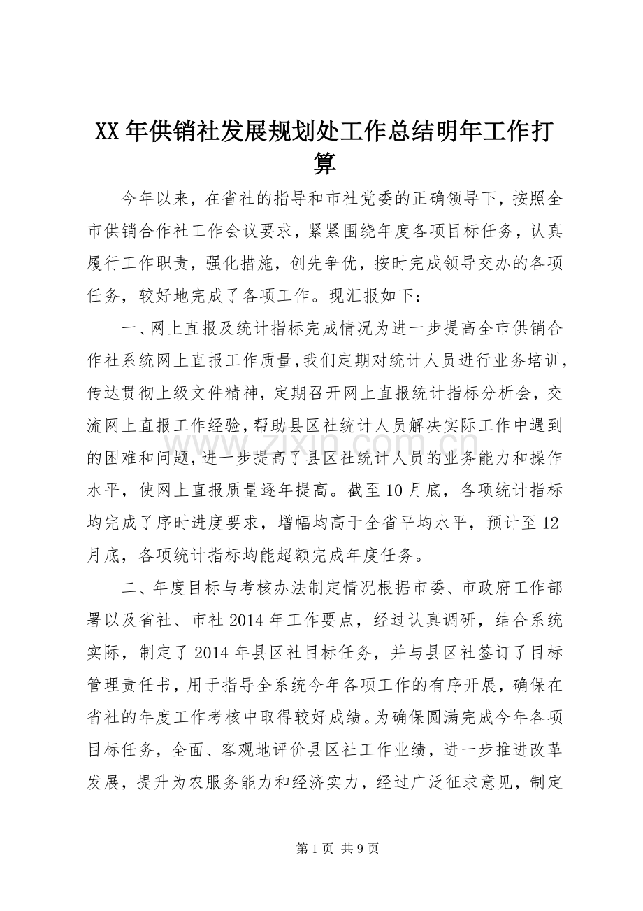 XX年供销社发展规划处工作总结明年工作打算.docx_第1页