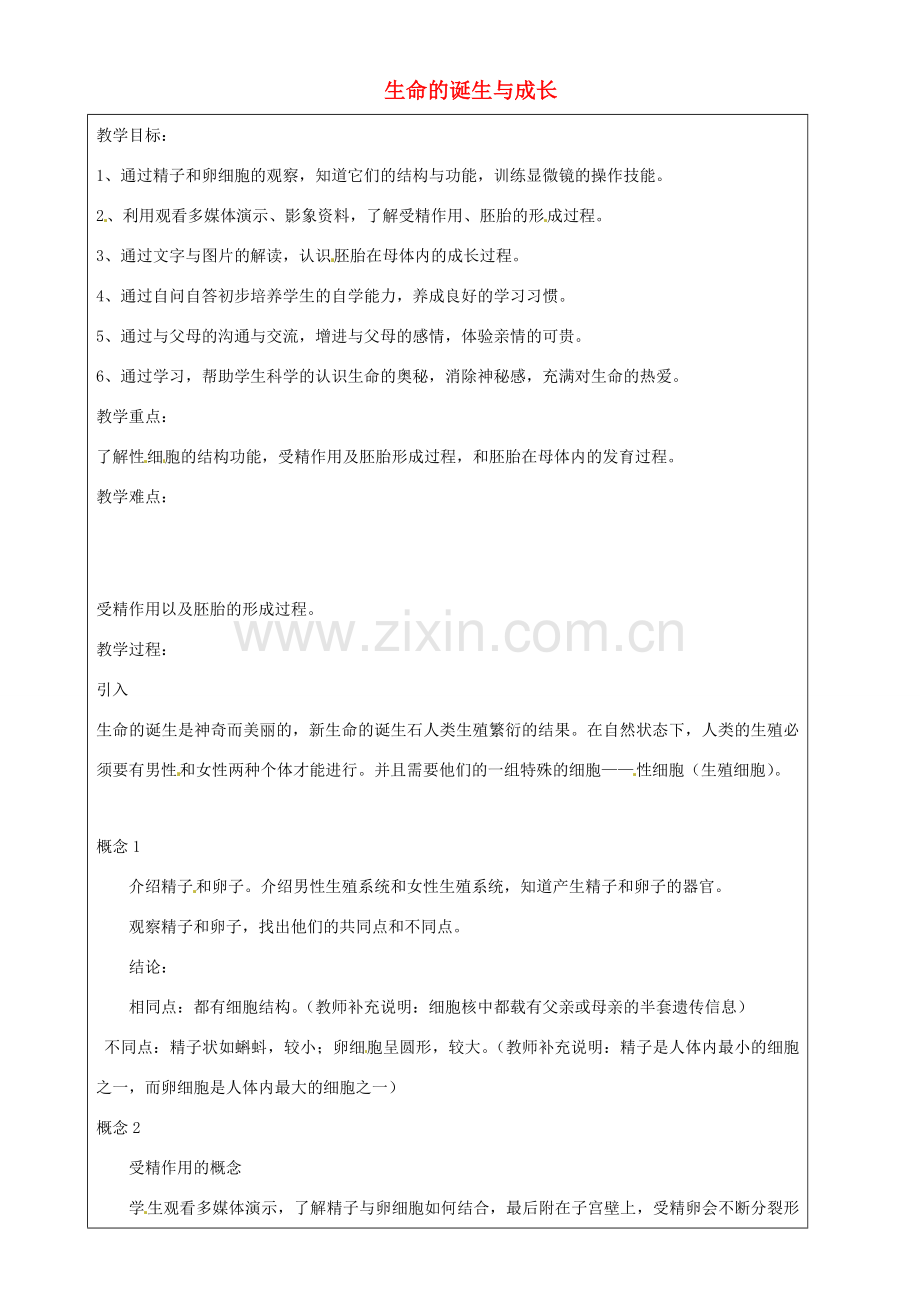 上海市罗泾中学七年级科学上册 生命的诞生与成长教案 牛津上海版五四制.doc_第1页